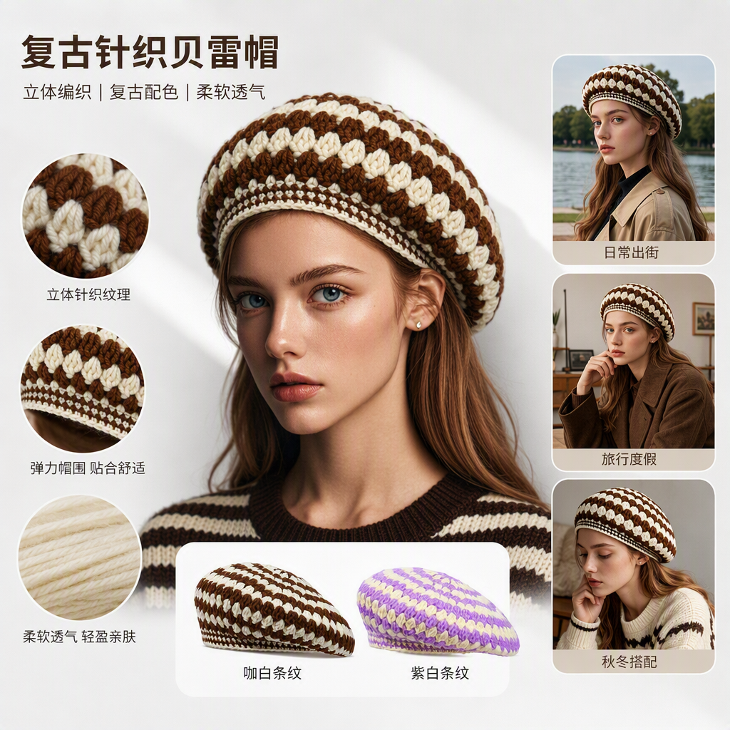 A fashionable and versatile crochet beret for women, a simple and versatile Korean hat for autumn and winter, a trendy and versatile style