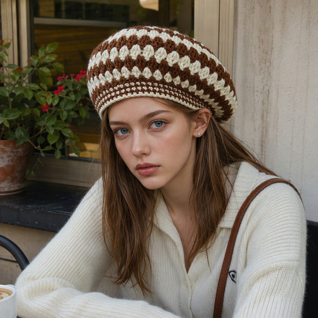 A fashionable and versatile crochet beret for women, a simple and versatile Korean hat for autumn and winter, a trendy and versatile style details Picture