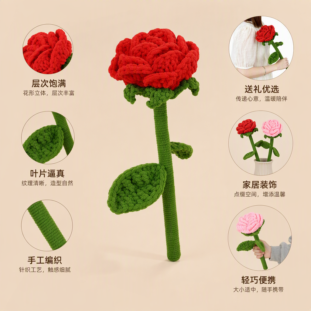 手工钩针玫瑰花饰品红色针织花朵手工艺材料DIY手工制作配件