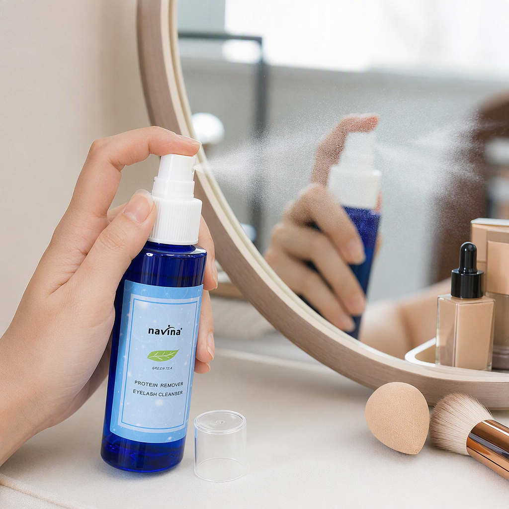 navina deep blue glass spray bottle with white cap, tea pattern protein eyelash cleaning spray container details Picture