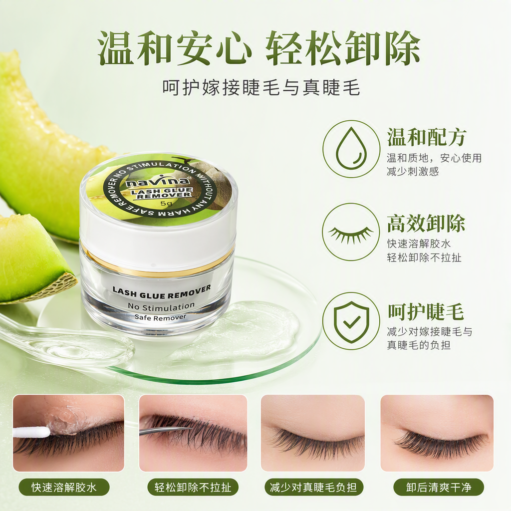 Navina Melon Eyelash Glue Remover, green packaging, transparent can, gentle cleaning, long-lasting, special for pasting