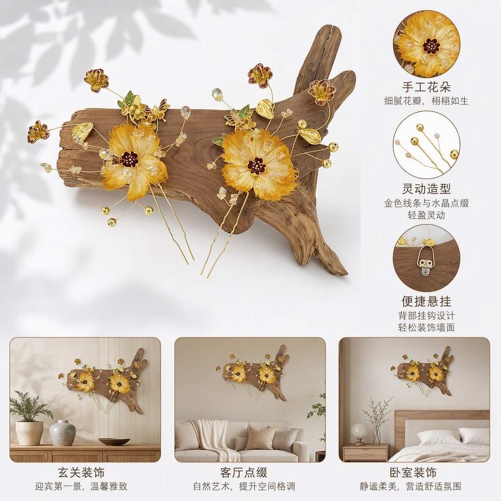Golden floral hairpin, wooden base, elegant hair clip, hair accessory, headwear, hairstyle accessory, Korean simple style
