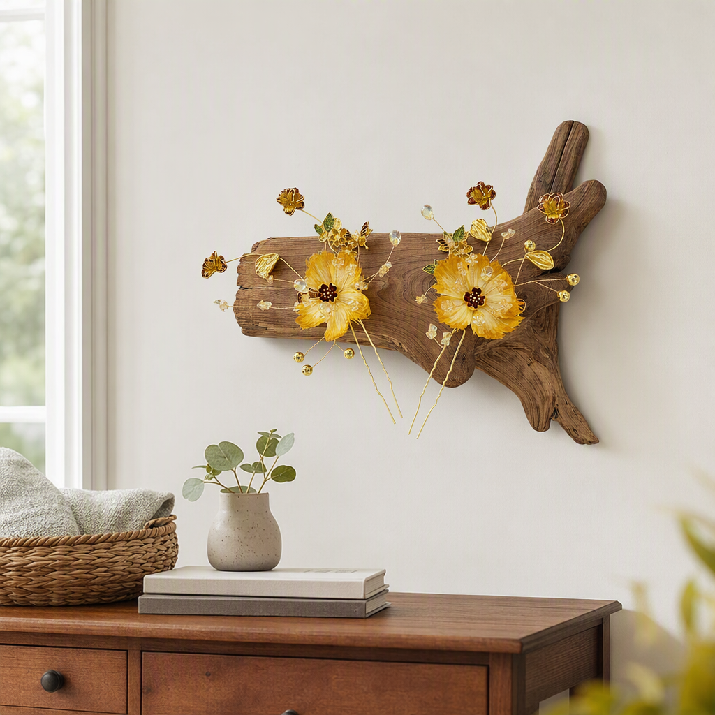 Golden floral hairpin, wooden base, elegant hair clip, hair accessory, headwear, hairstyle accessory, Korean simple style details Picture