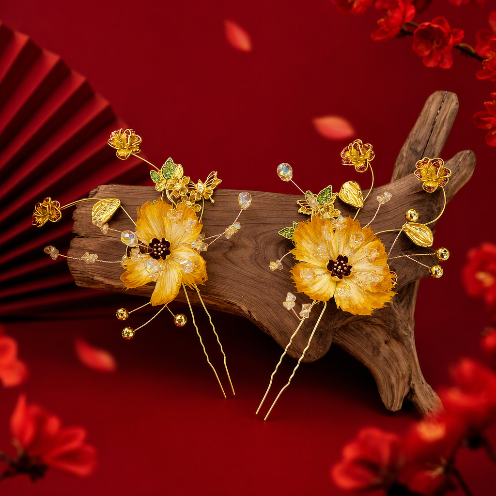 Golden floral hairpin, wooden base, elegant hair clip, hair accessory, headwear, hairstyle accessory, Korean simple style Specification image