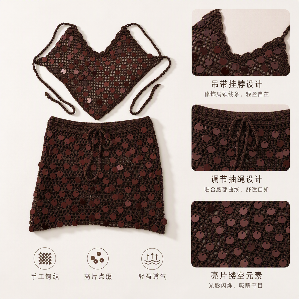 时尚亮片钩针长裙女士优雅百搭气质显瘦休闲连衣裙夏季新款