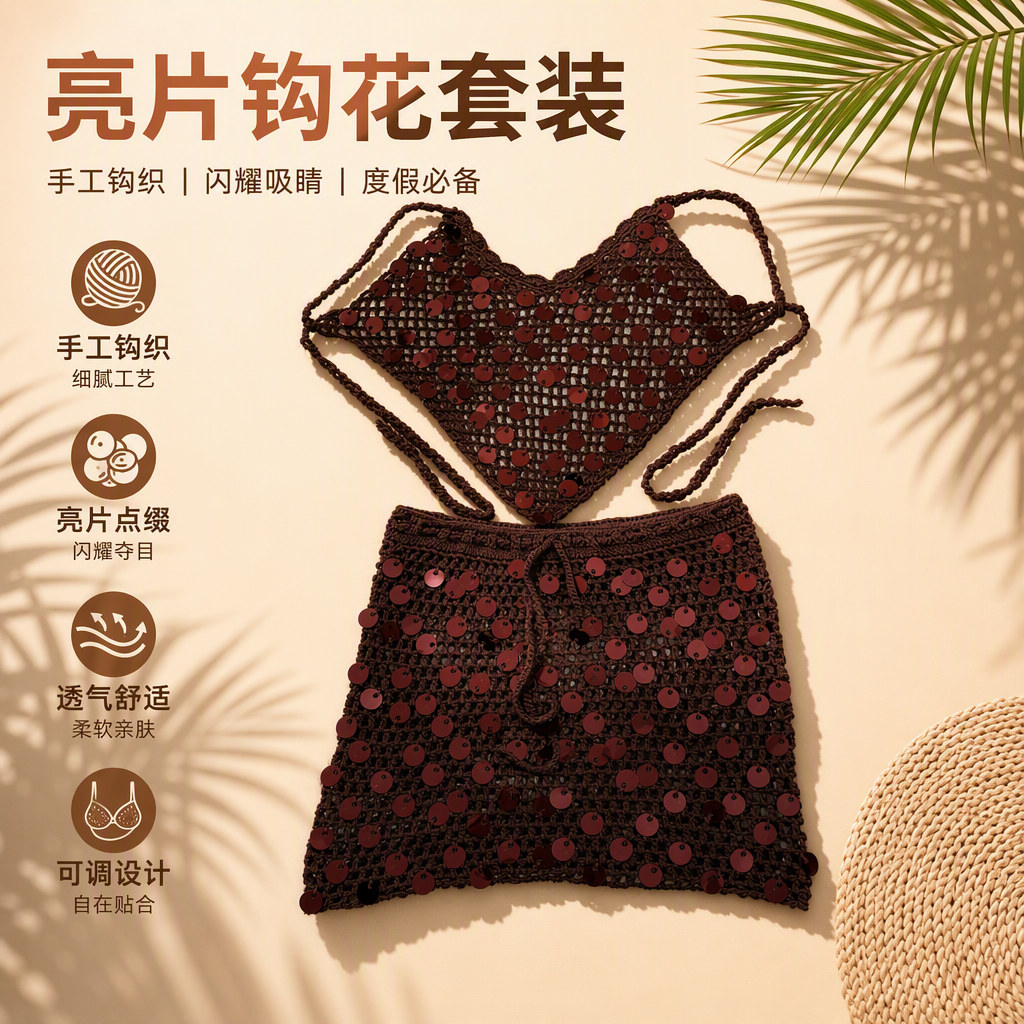 时尚亮片钩针长裙女士优雅百搭气质显瘦休闲连衣裙夏季新款细节图