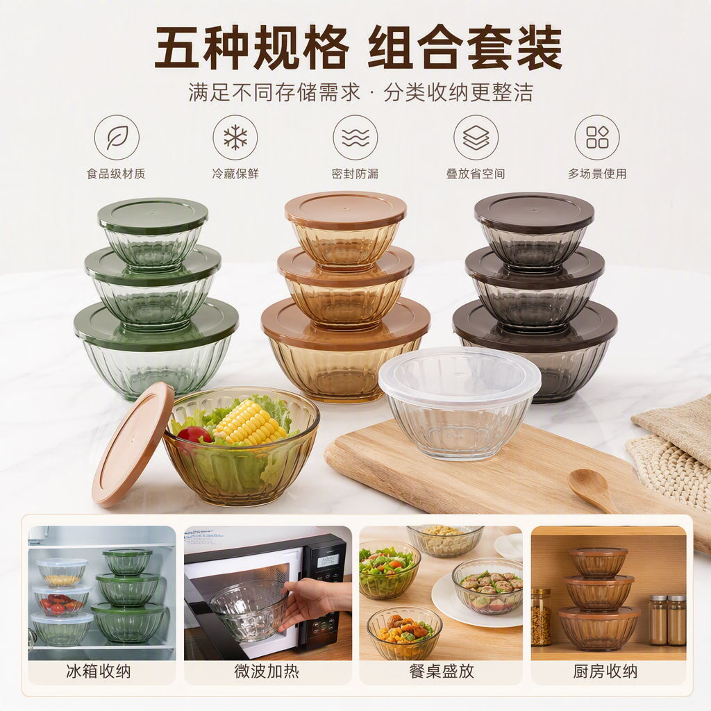 多彩玻璃餐具套装家庭厨房便携便餐碗碟组合儿童餐具实用套装保鲜沙拉碗