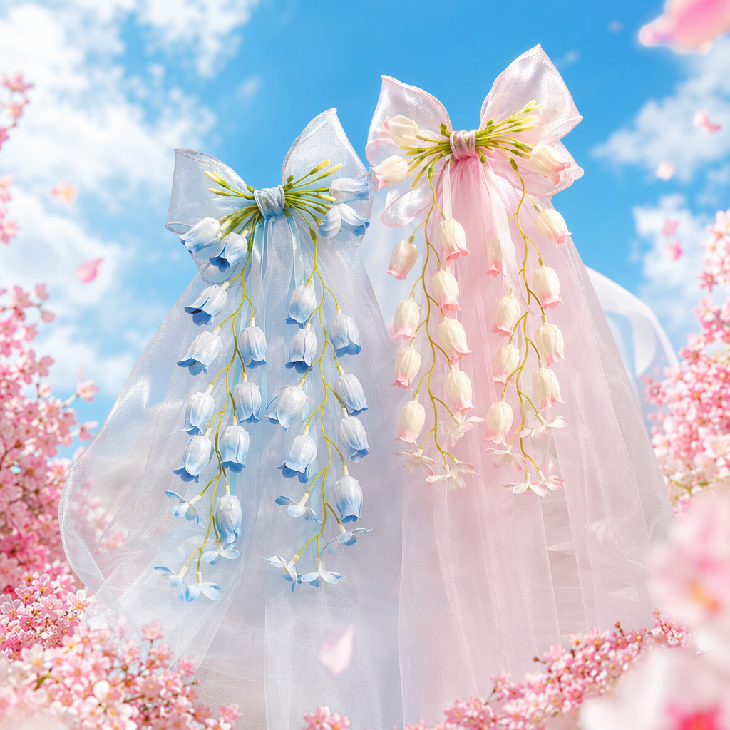 蓝色与粉色铃兰纱质花饰细节图