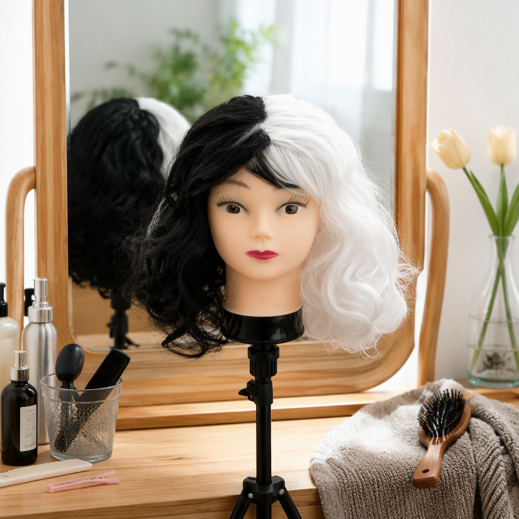 Black and white dual-color wig head model display model, hairstyle styling display prop, hairstyle design sample display stand details Picture