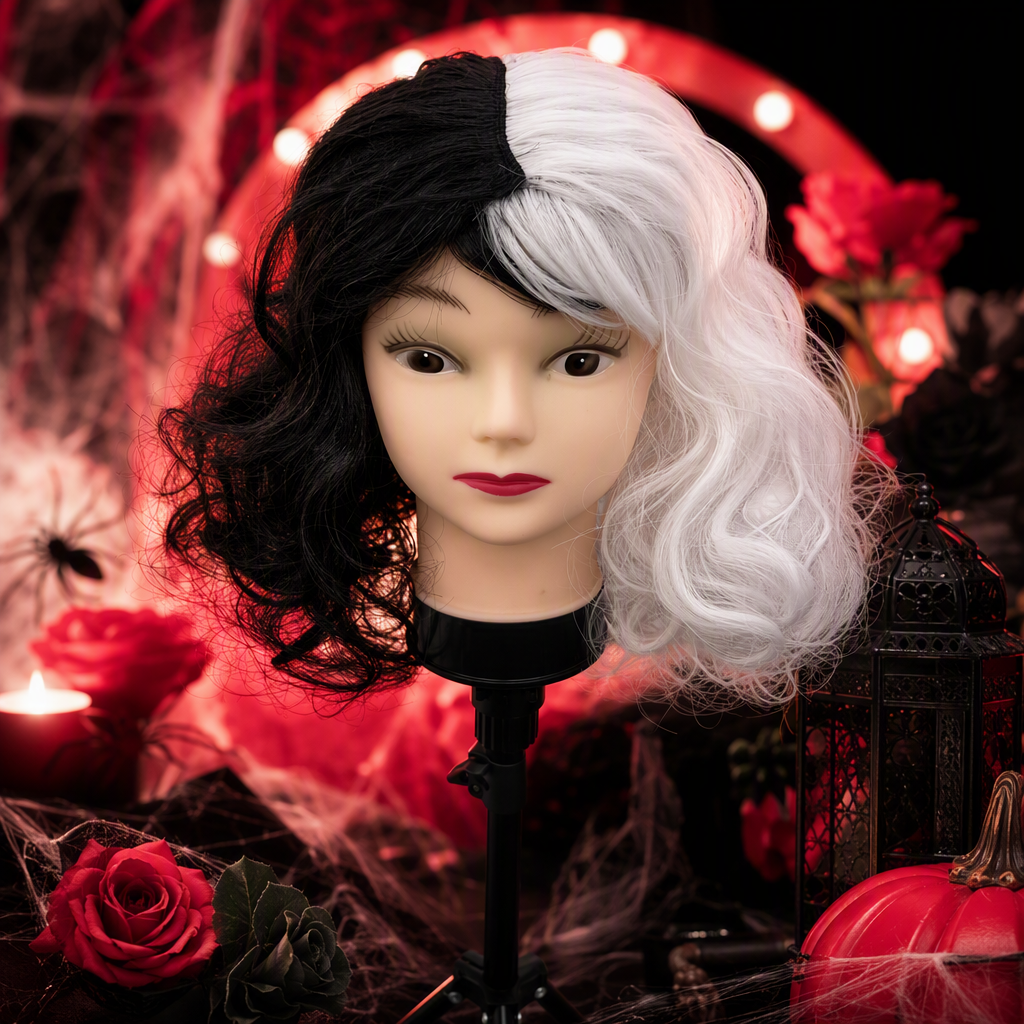 Black and white dual-color wig head model display model, hairstyle styling display prop, hairstyle design sample display stand Specification image