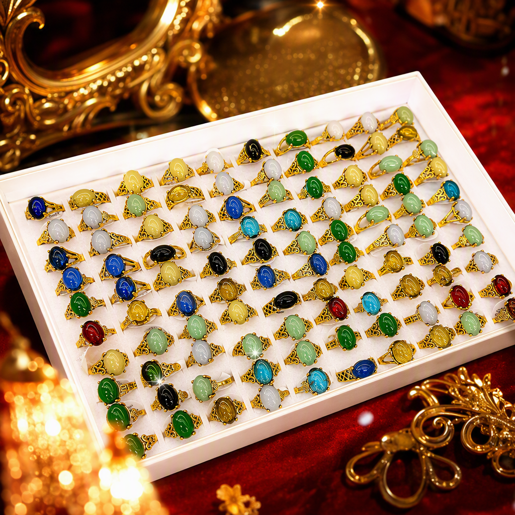 This retro ethnic-style alloy ring imitates jade and agate, with a multi-color ring face and carved hollowed-out ring setting. It is a versatile and elegant ring details Picture