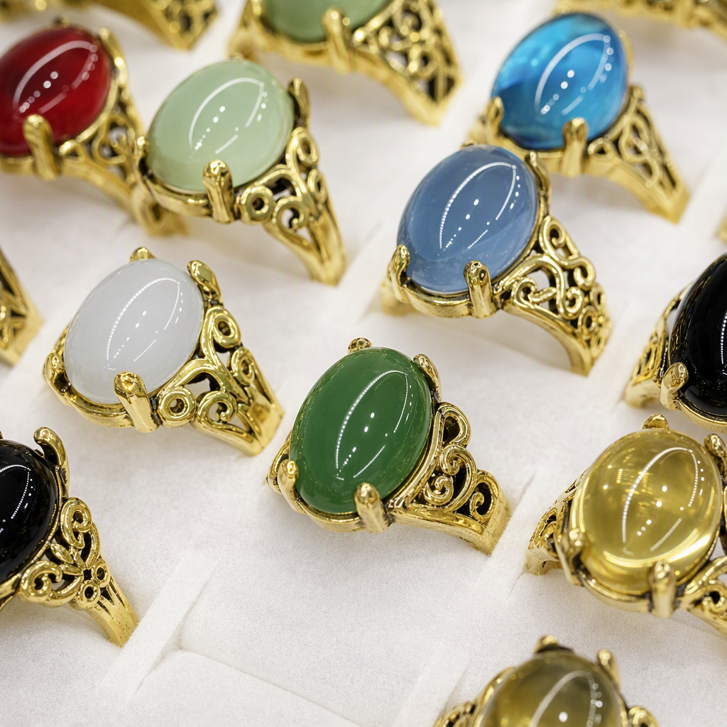 This retro ethnic-style alloy ring imitates jade and agate, with a multi-color ring face and carved hollowed-out ring setting. It is a versatile and elegant ring Item Picture