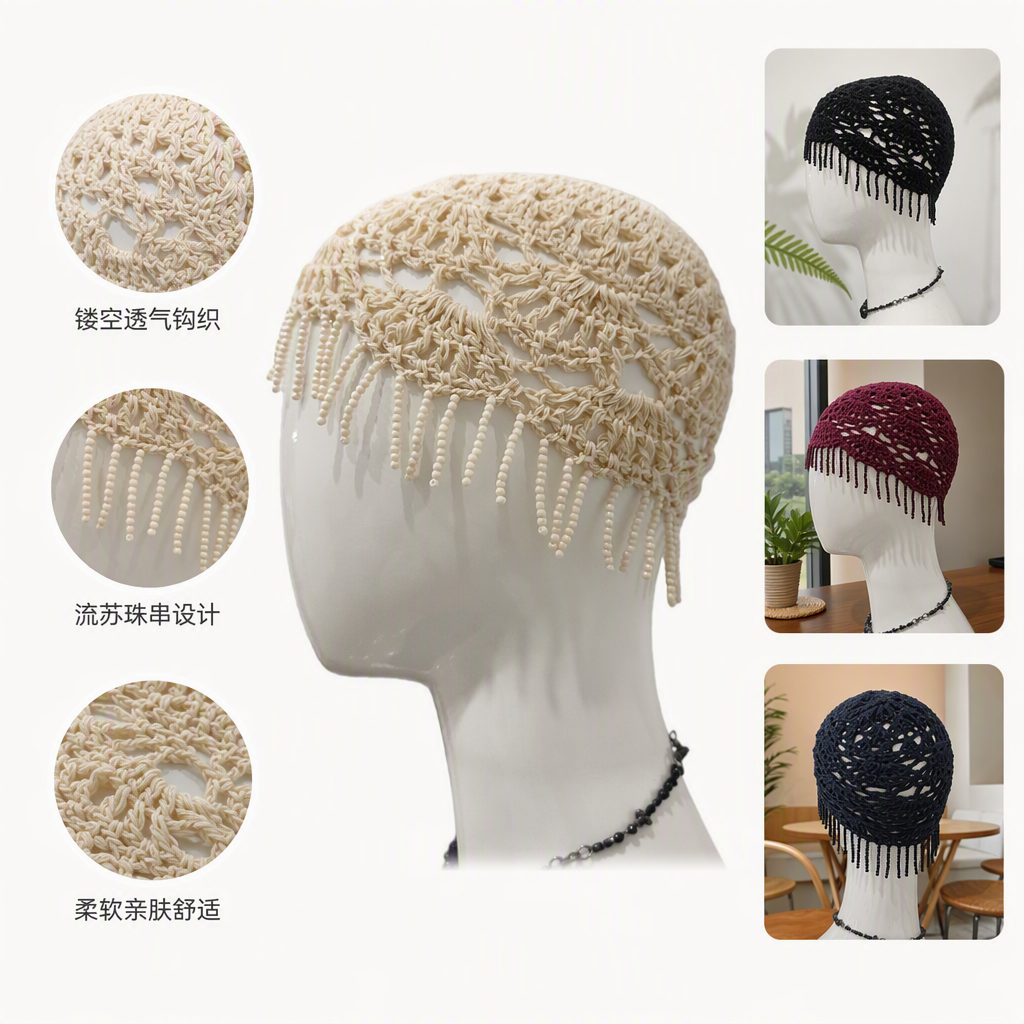 The off-white crochet headpiece with pearl tassels is a fashionable and versatile handcrafted accessory suitable for white models' heads