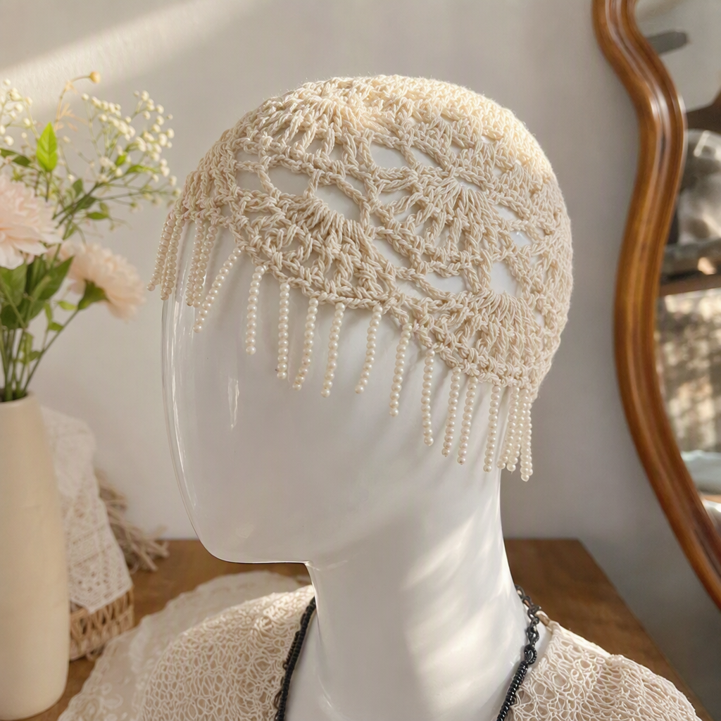 The off-white crochet headpiece with pearl tassels is a fashionable and versatile handcrafted accessory suitable for white models' heads details Picture