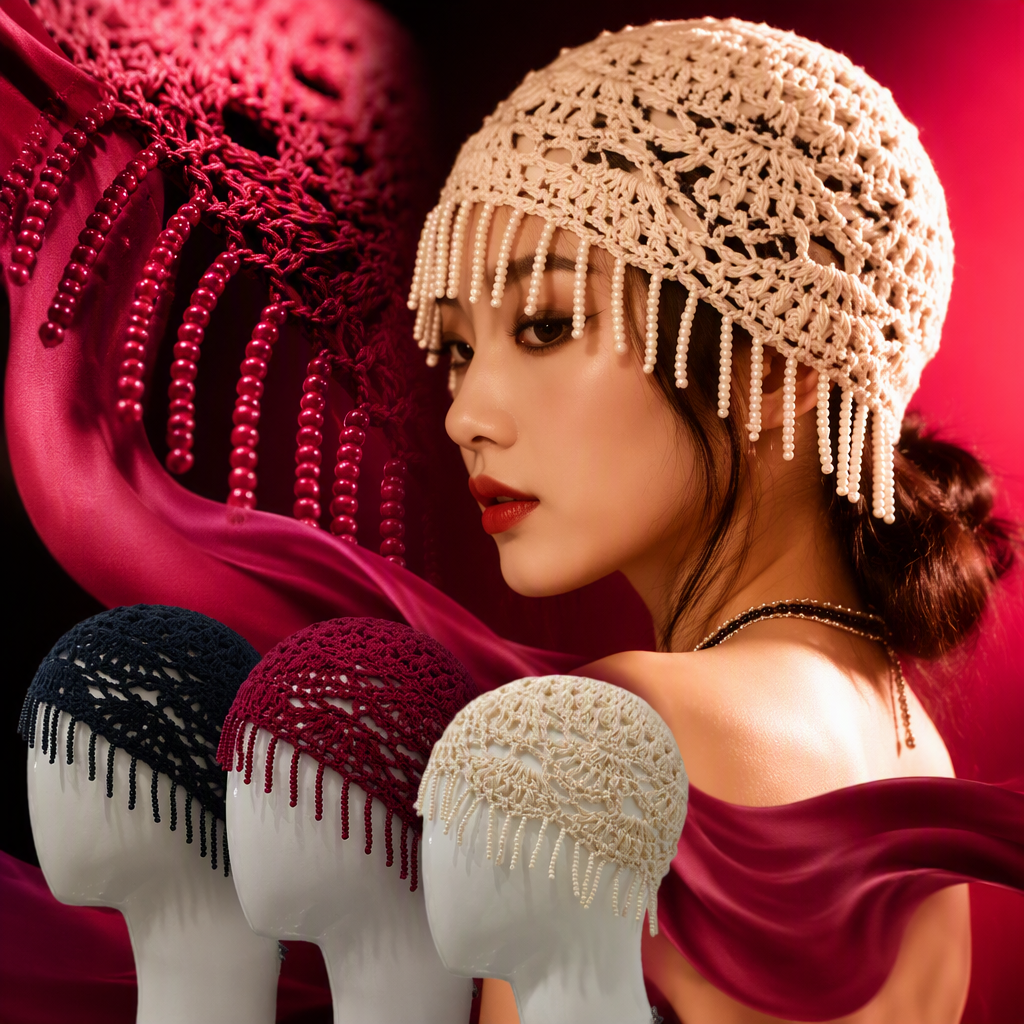 The off-white crochet headpiece with pearl tassels is a fashionable and versatile handcrafted accessory suitable for white models' heads Specification image