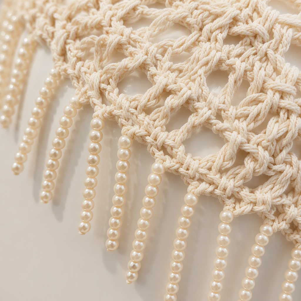 The off-white crochet headpiece with pearl tassels is a fashionable and versatile handcrafted accessory suitable for white models' heads Application Scenario