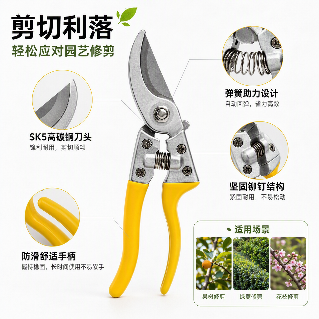 Durable steel pruning shears, a lightweight and multi-purpose garden trimming tool, are suitable for home gardening Specification image