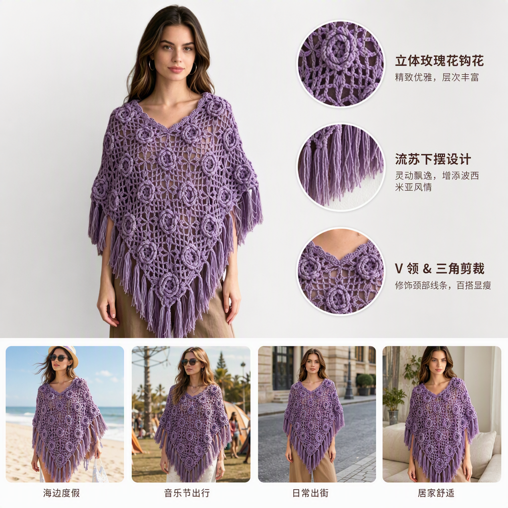 Elegant purple crochet shawl with flower tassels, a fashionable and versatile hand-woven shawl for ladies