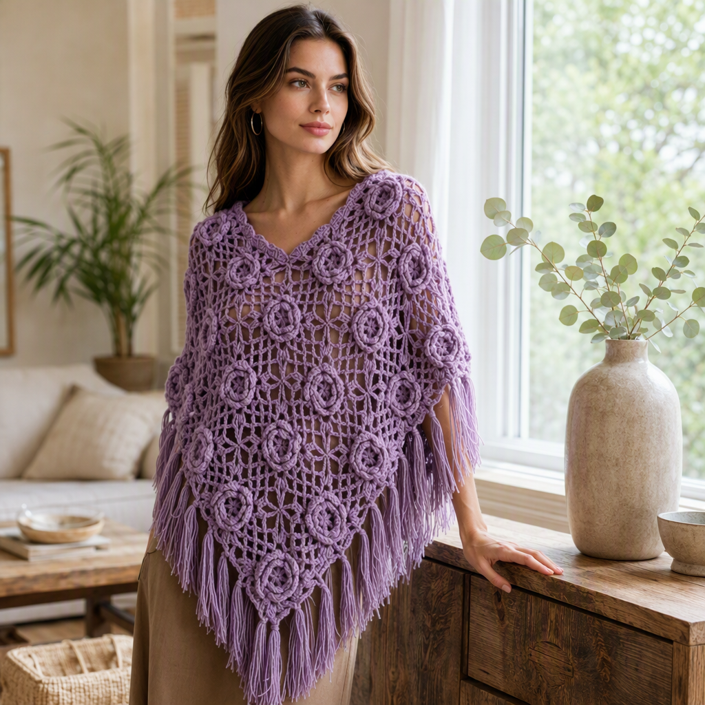 Elegant purple crochet shawl with flower tassels, a fashionable and versatile hand-woven shawl for ladies details Picture
