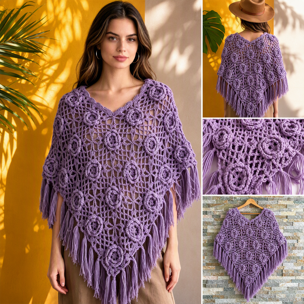 Elegant purple crochet shawl with flower tassels, a fashionable and versatile hand-woven shawl for ladies Specification image