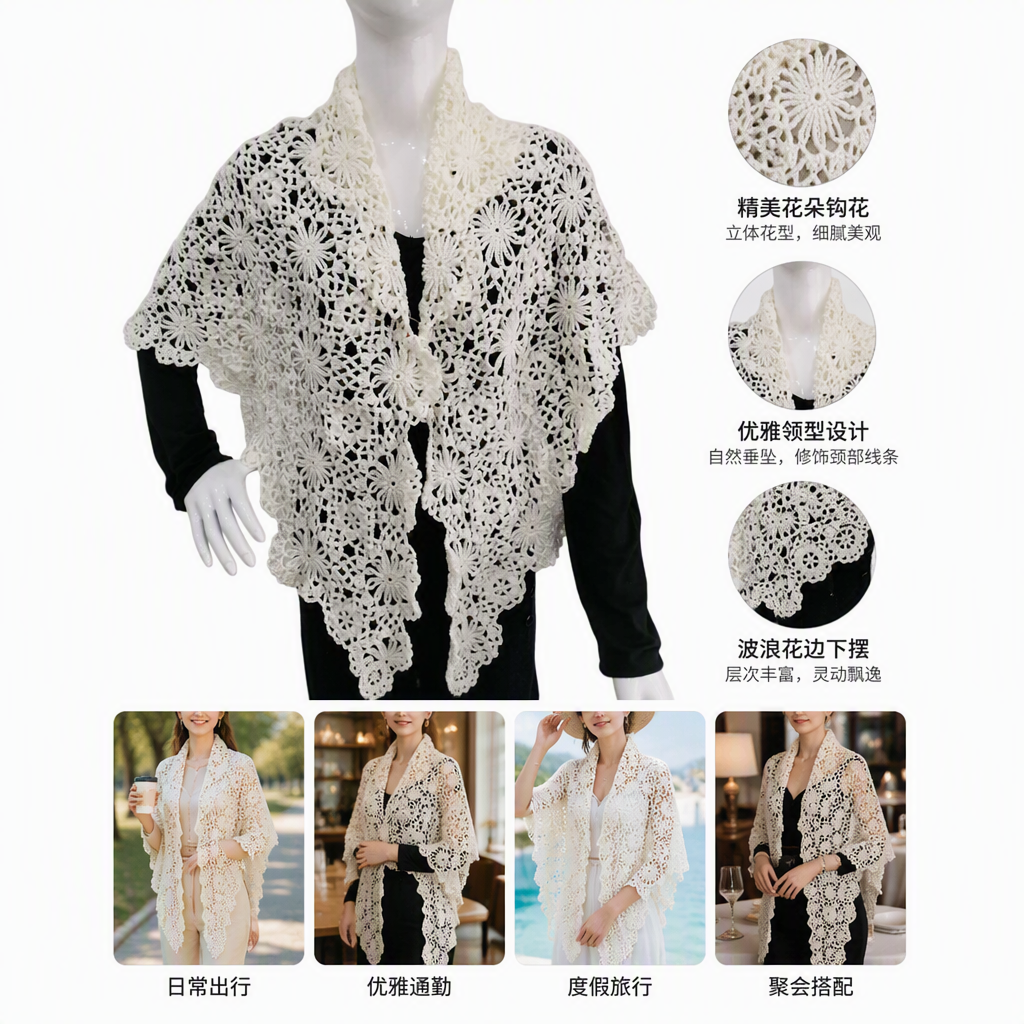 A white crochet lace shawl for ladies in summer, a thin, elegant and versatile handcrafted lace decoration