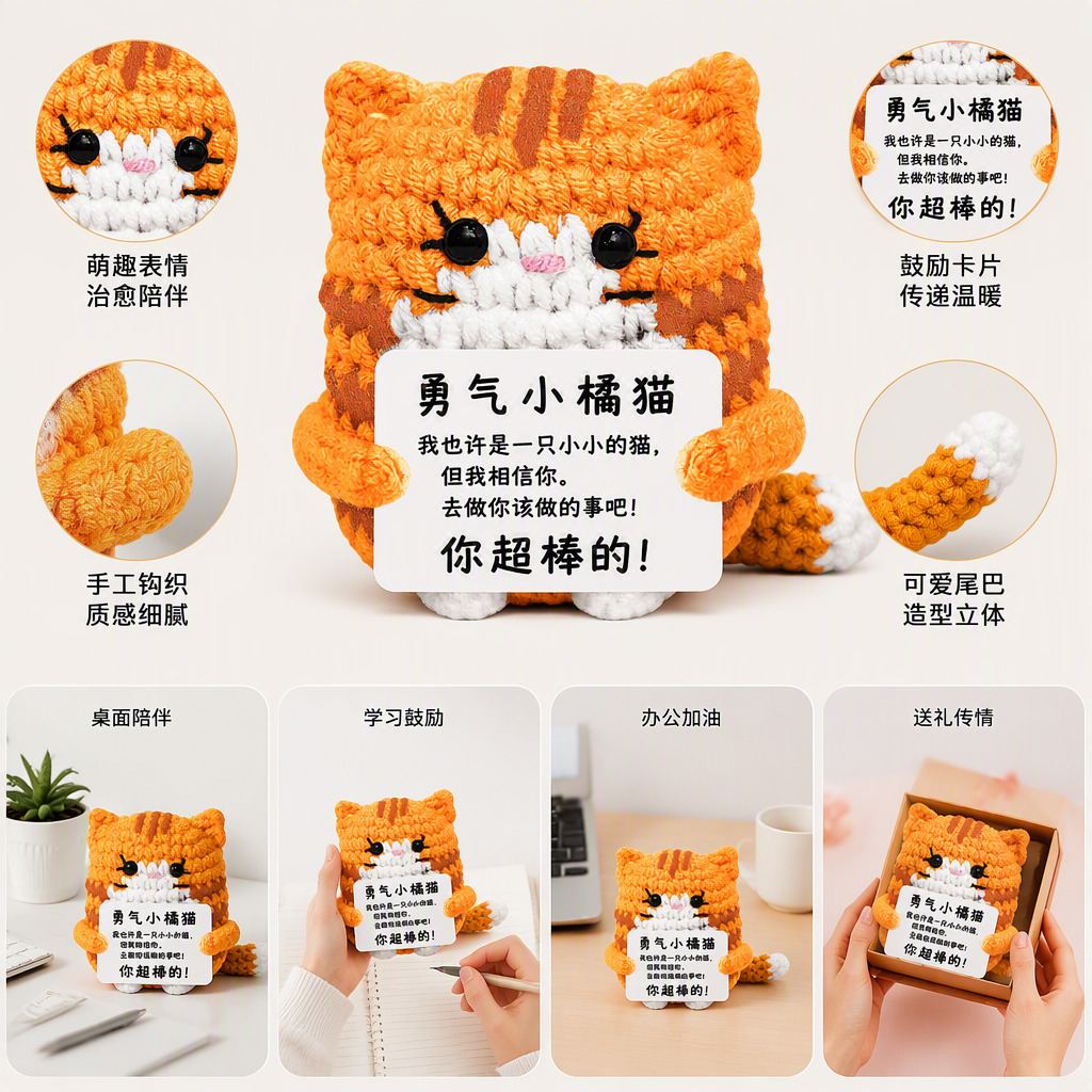 橙色钩针手工编织可爱猫咪玩偶毛线玩偶布艺摆件礼品收藏