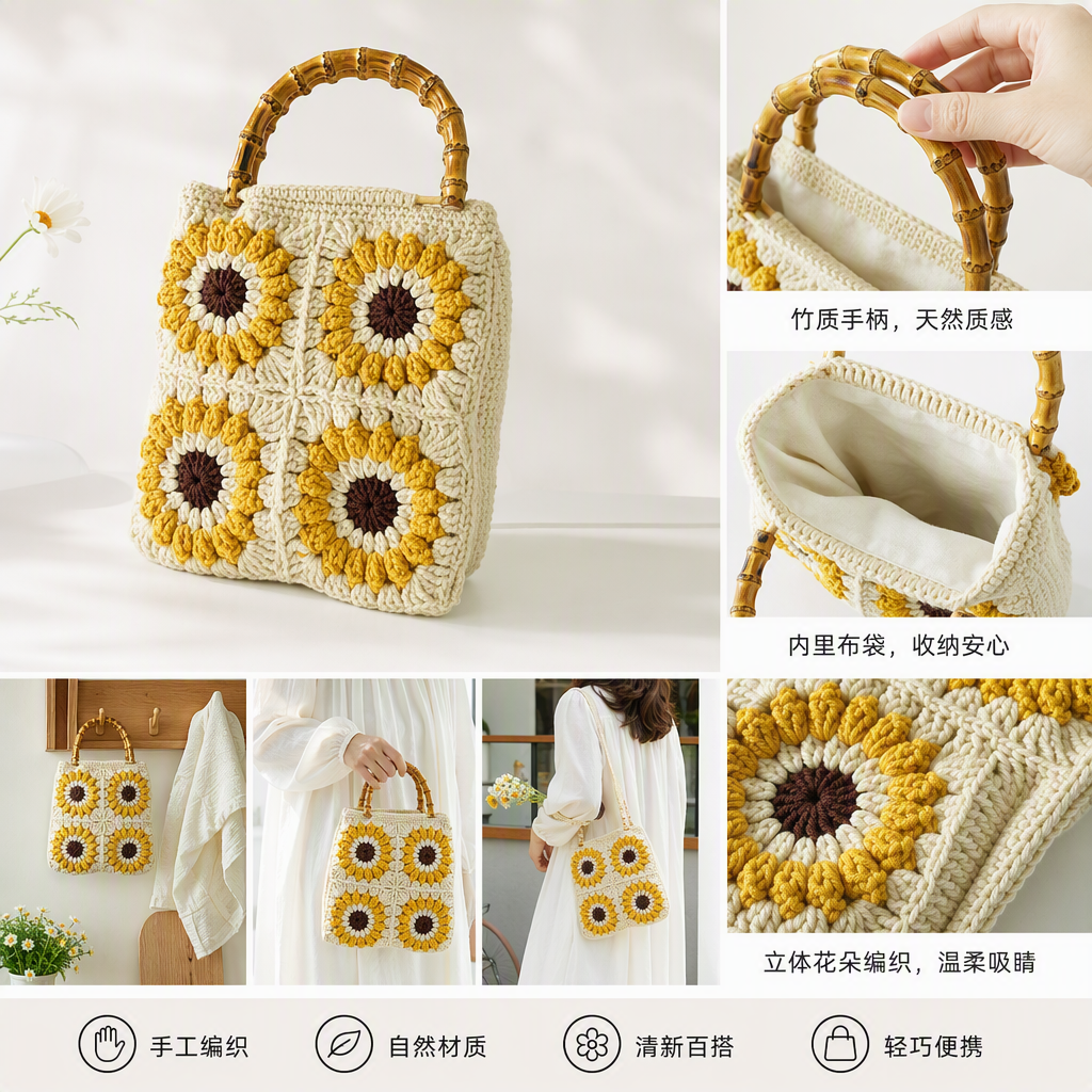Handmade crochet sunflower handbag, beige and yellow retro casual woven bag, a trendy and versatile women's bag