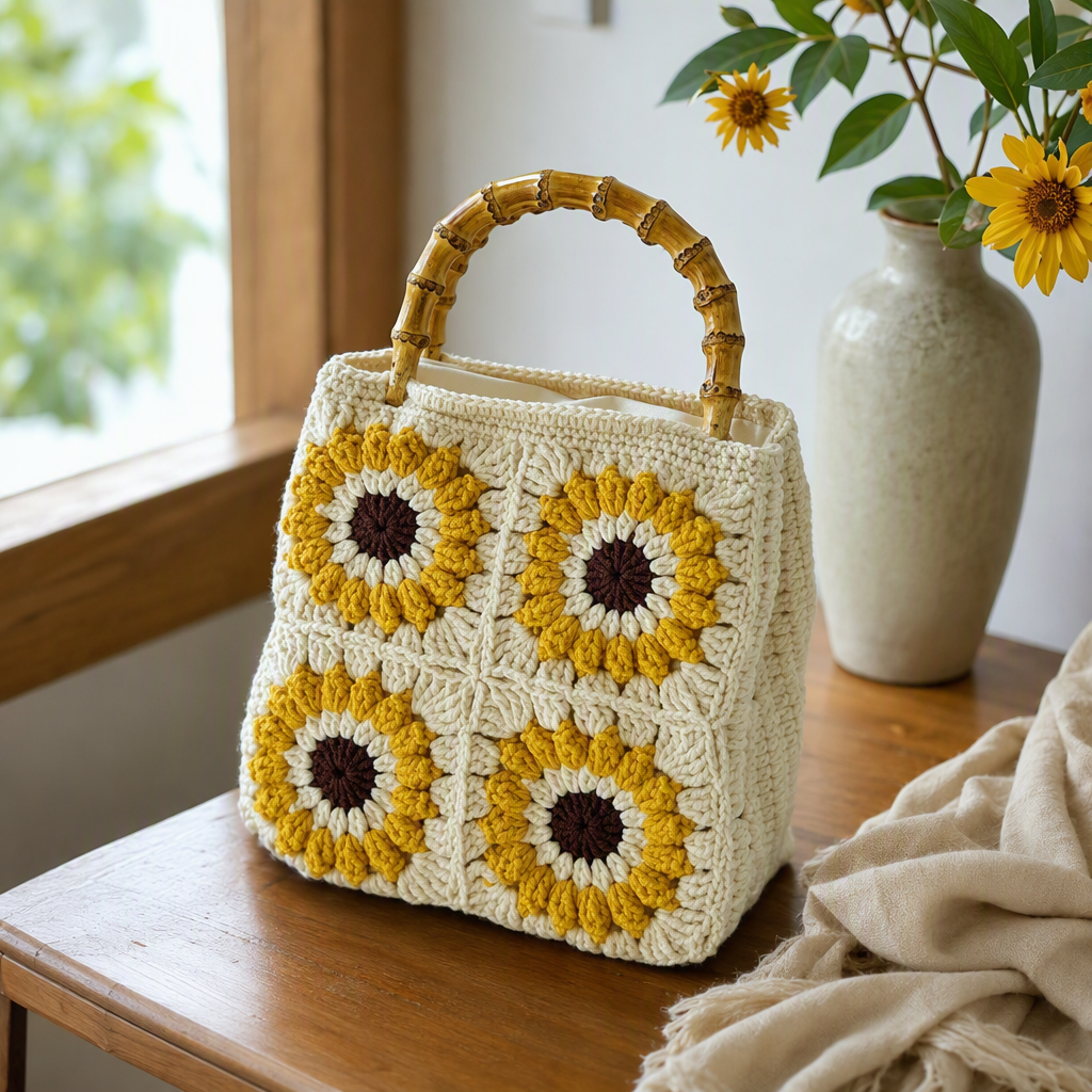 Handmade crochet sunflower handbag, beige and yellow retro casual woven bag, a trendy and versatile women's bag details Picture