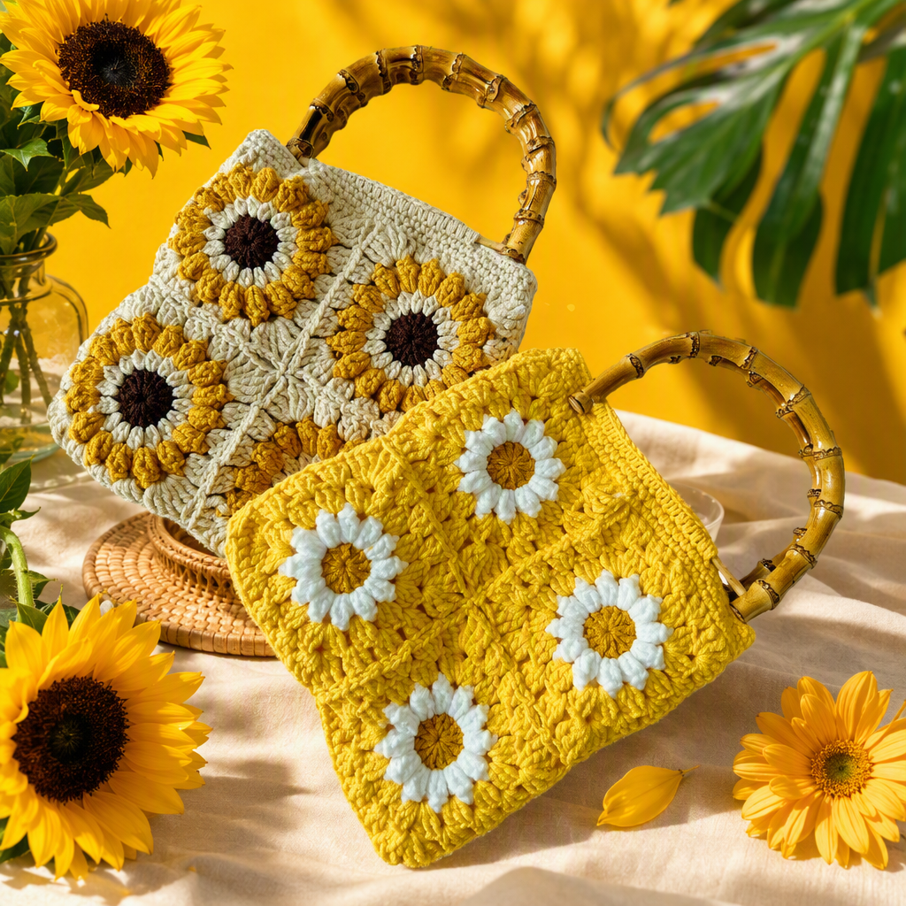 Handmade crochet sunflower handbag, beige and yellow retro casual woven bag, a trendy and versatile women's bag Specification image