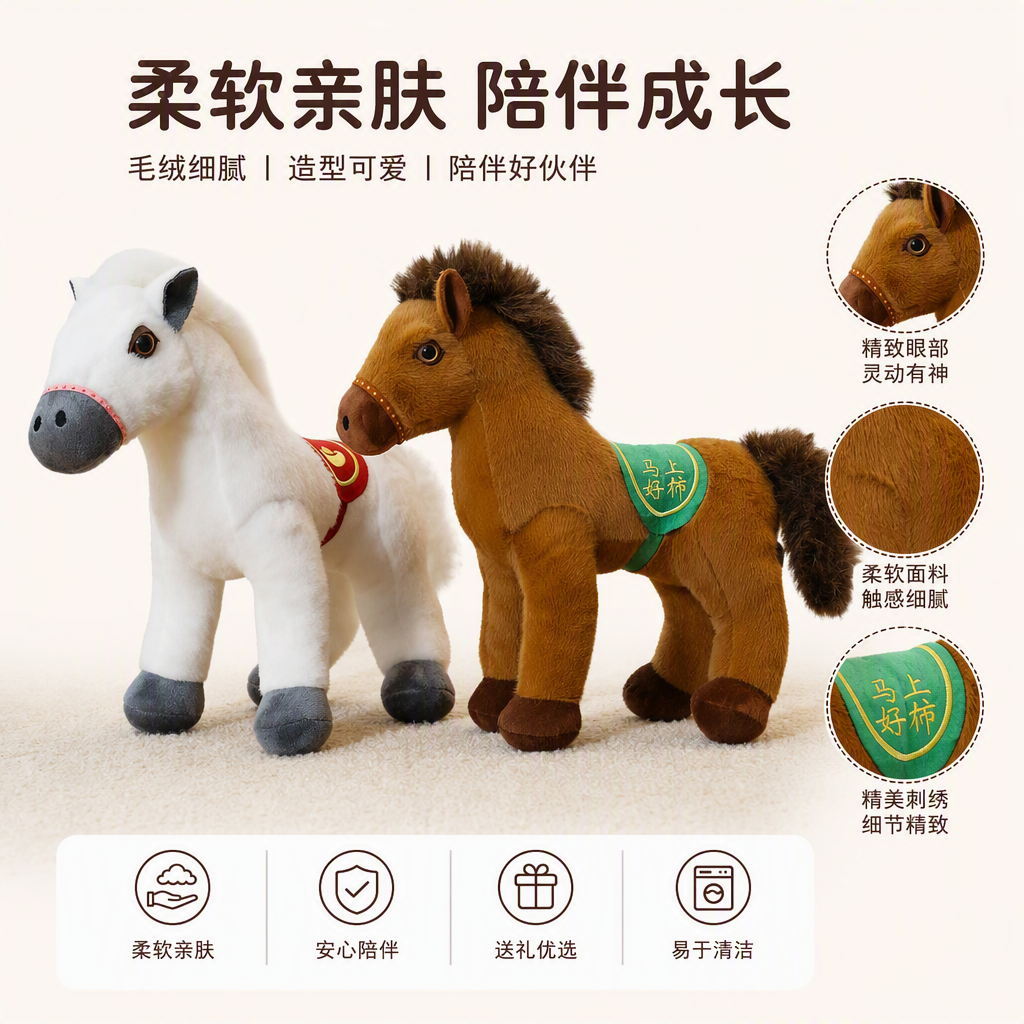 白色棕色毛绒马玩偶可爱公仔儿童玩具抱枕毛绒玩具礼物