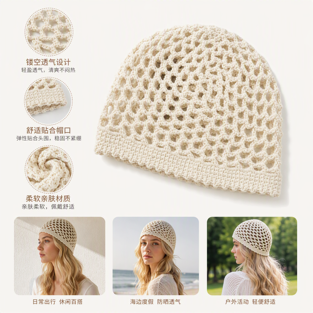 Fashionable crochet hollowed-out hat, beige for ladies, a versatile spring and summer casual hat, a trendy woven hat accessory
