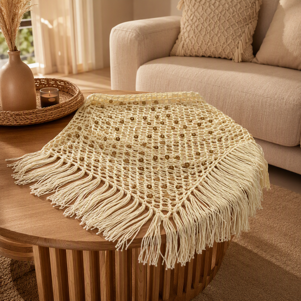 A fashionable brown tassel crochet shawl paired with a white top and pants for a casual and versatile spring and summer look details Picture