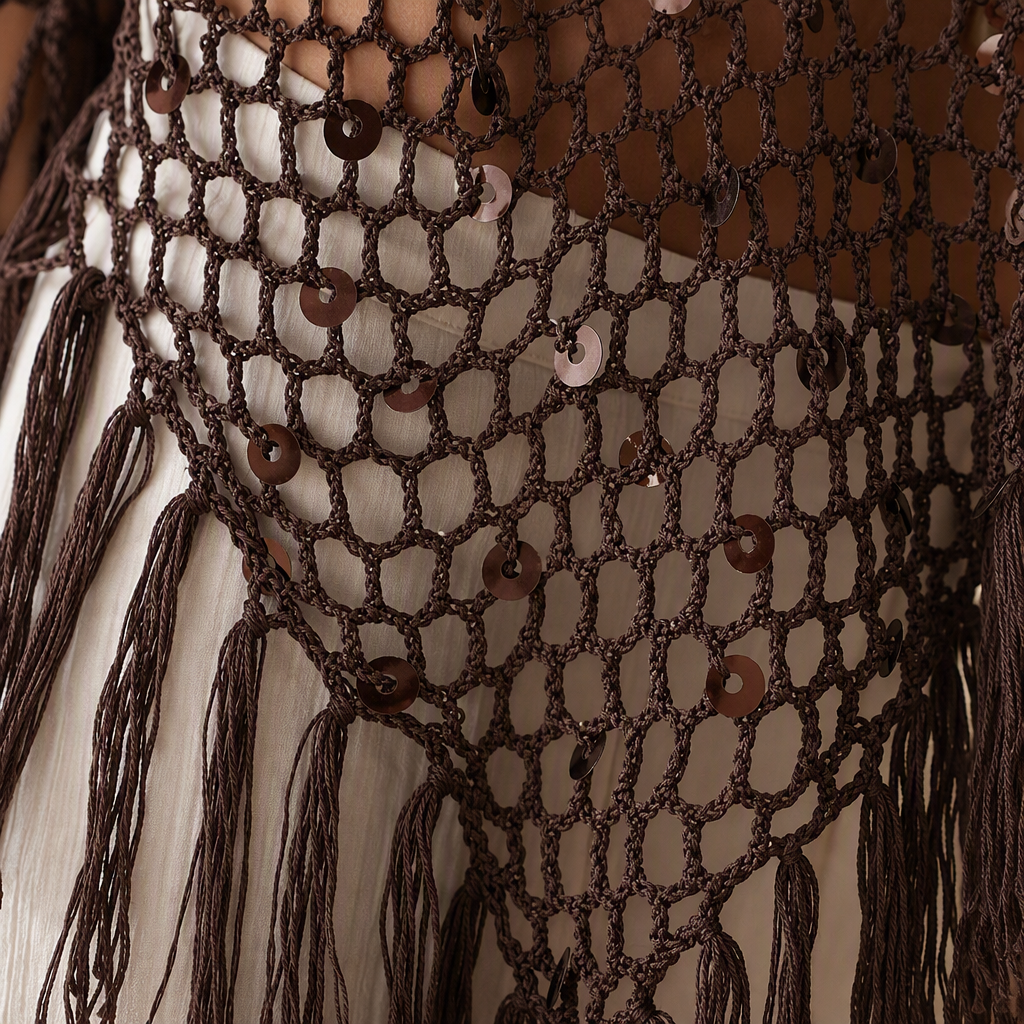 A fashionable brown tassel crochet shawl paired with a white top and pants for a casual and versatile spring and summer look Specification image