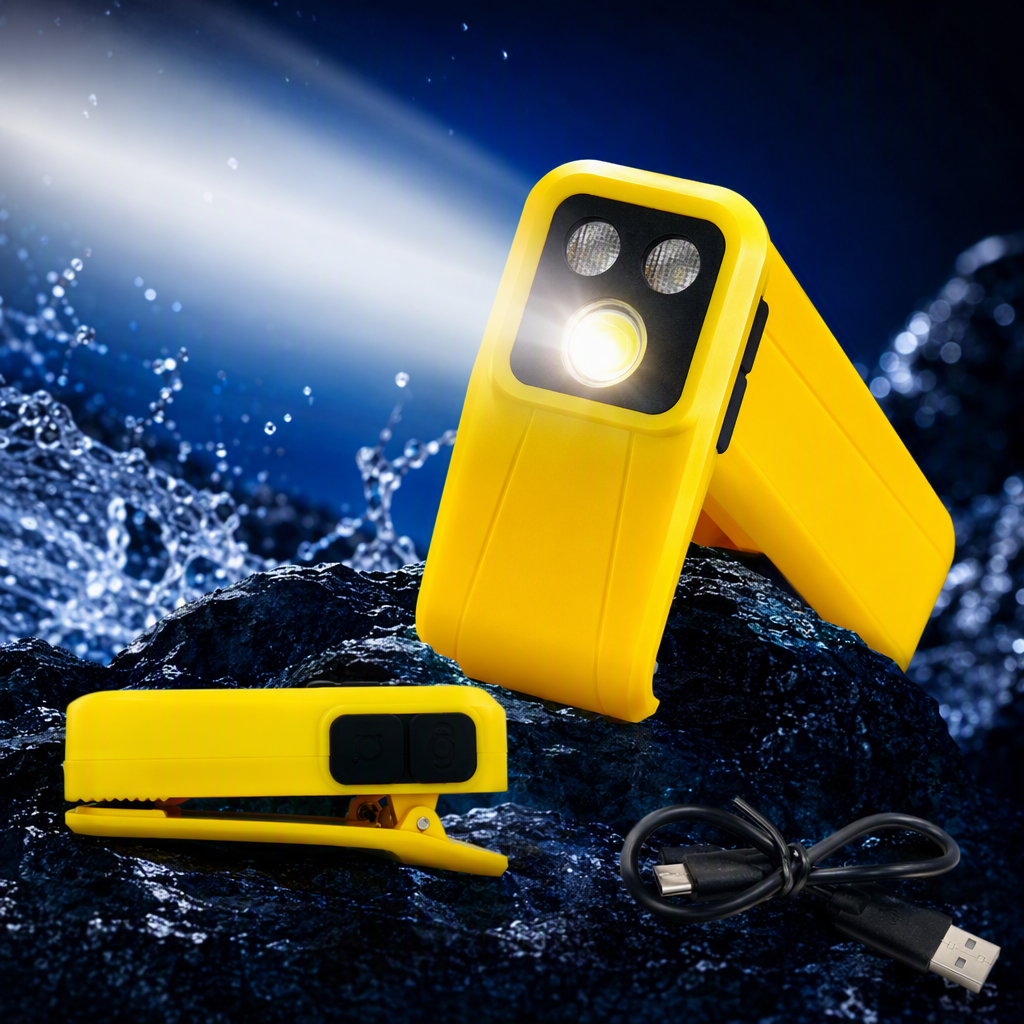 Portable magnetic clip flashlight with USB charging cable, multi-functional high-intensity outdoor emergency light, yellow model
