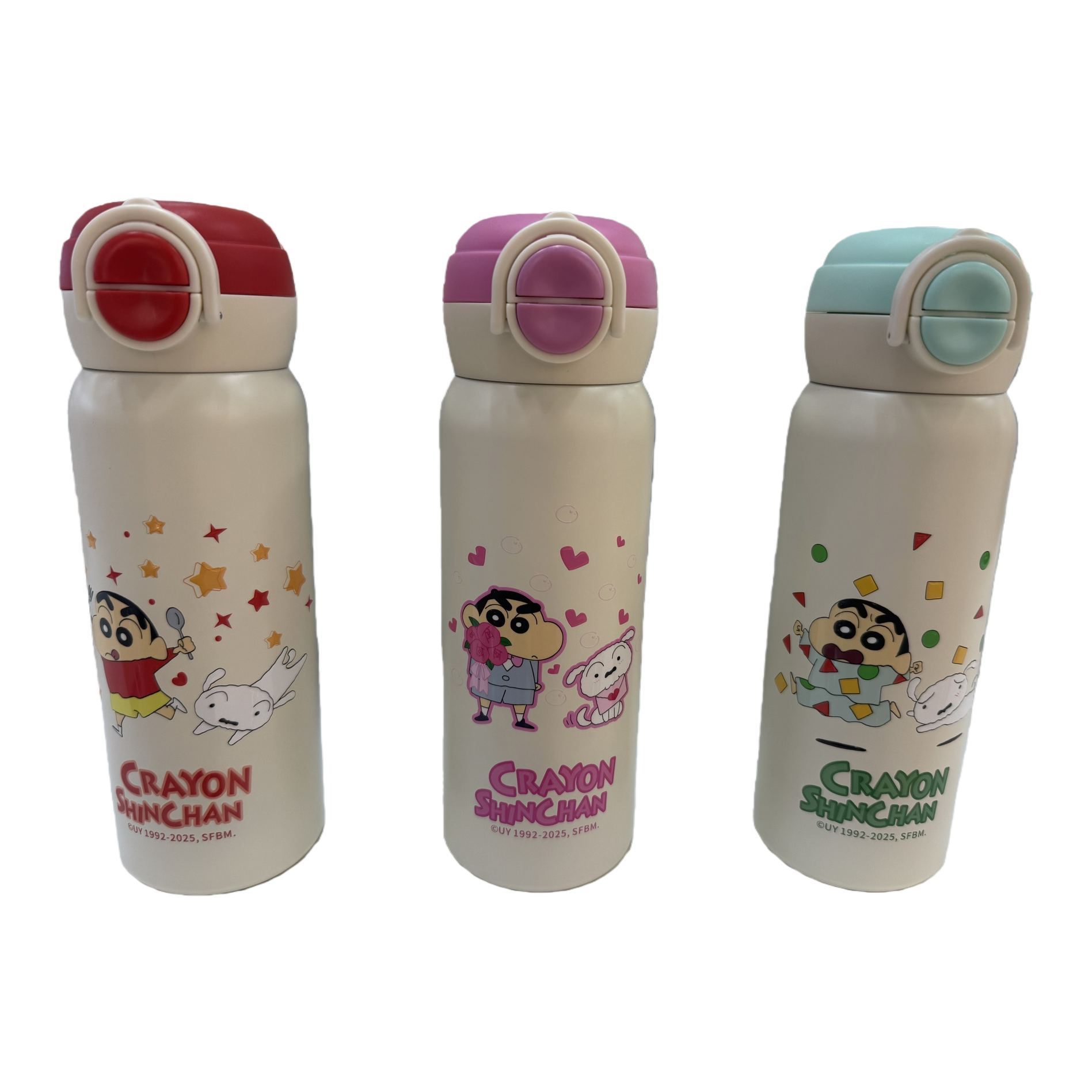 Crayon pequeño nuevo dibujo animado vaso térmico tres tapa multicolor diseño impreso para niños estudiantes portátil doble bebida vaso térmico 500ml Item Picture