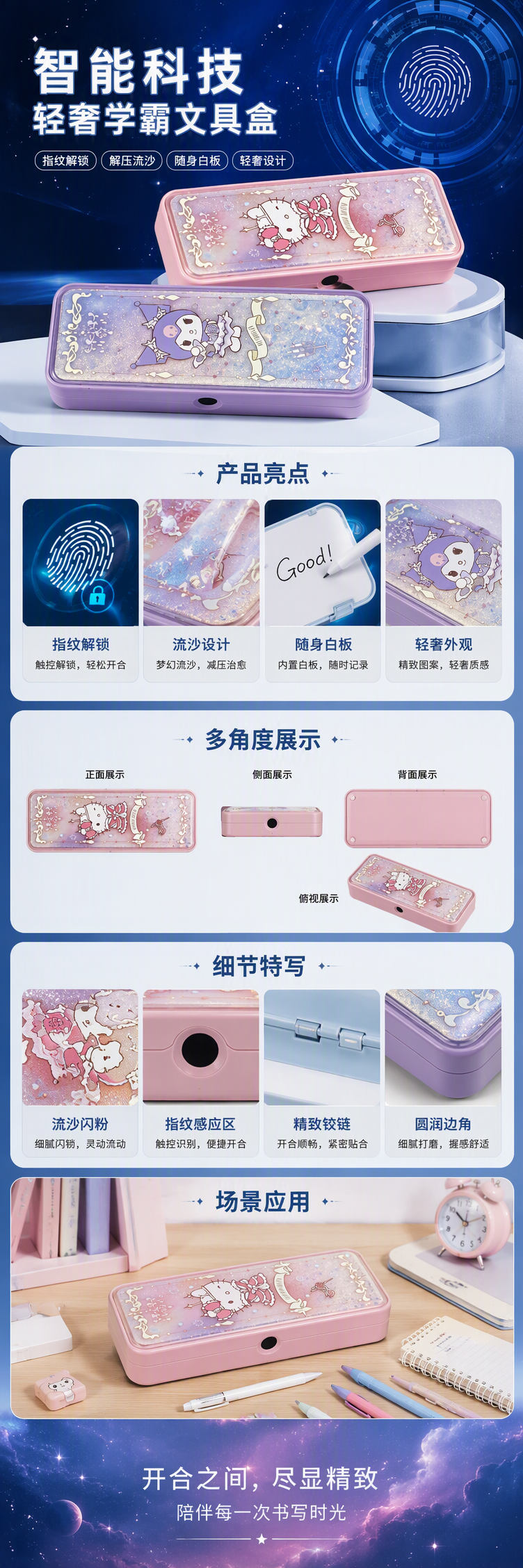 粉色紫色卡通流沙文具盒创意收纳学生笔袋儿童可爱多功能潮流款详情1