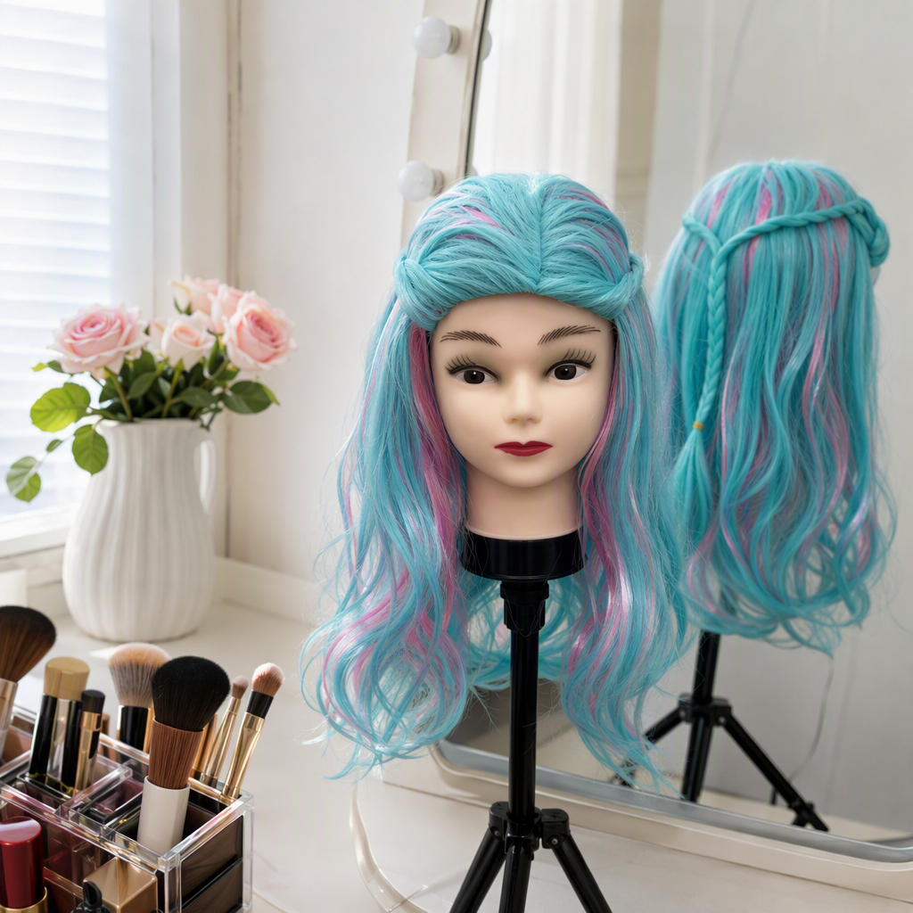 Blue and pink gradient wig, doll head model, children's doll decoration, hairstyle accessories, creative display items, gifts details Picture