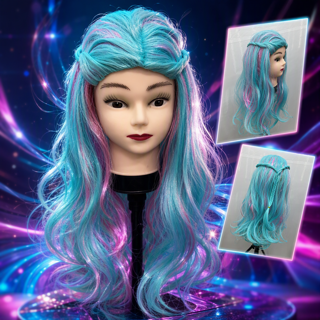 Blue and pink gradient wig, doll head model, children's doll decoration, hairstyle accessories, creative display items, gifts Specification image