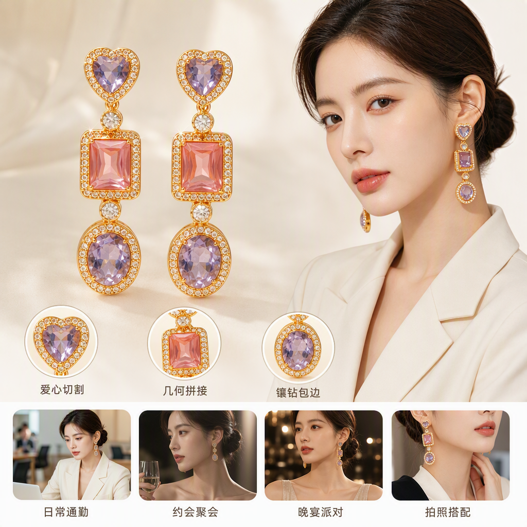紫色宝石吊坠耳环女性气质优雅时尚饰品礼品赠送