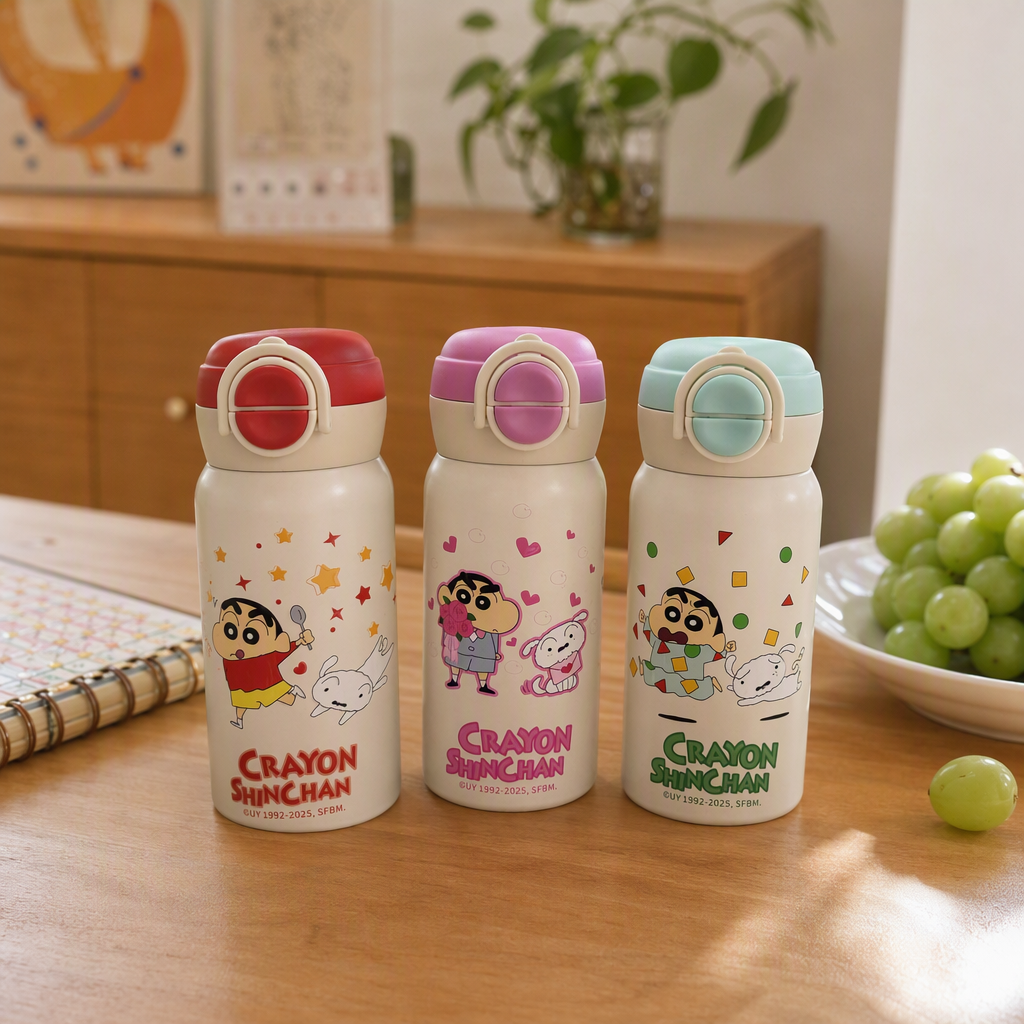 Crayon pequeño nuevo tema copa térmica tres niños dibujos animados portátil de acero inoxidable estudiante taza de agua taza de bebida doble regalo regalo 380ml details Picture