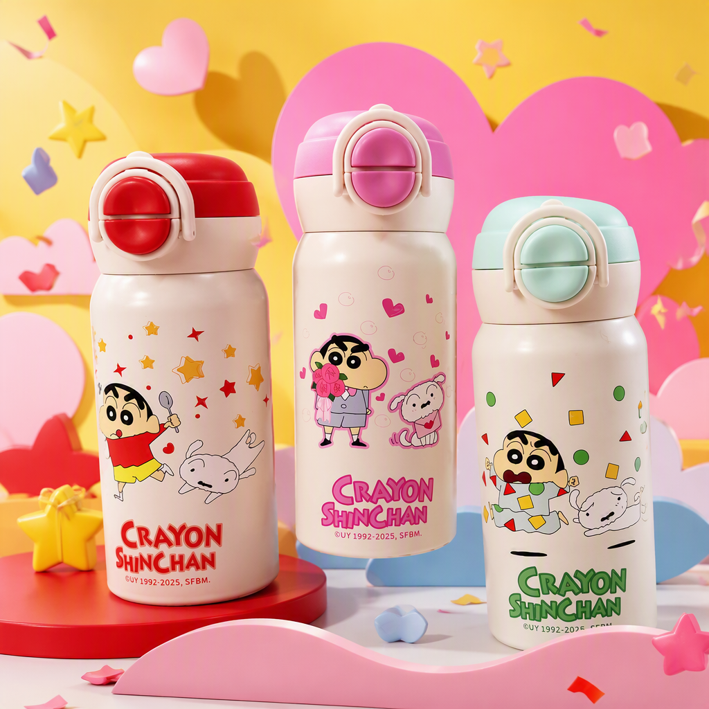 Crayon pequeño nuevo tema copa térmica tres niños dibujos animados portátil de acero inoxidable estudiante taza de agua taza de bebida doble regalo regalo 380ml