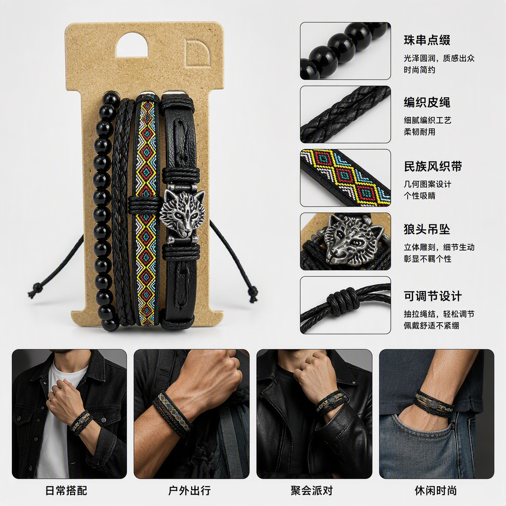Retro ethnic style men's woven bracelet set, Wolf head accessory, multi-layer beaded adjustable punk bracelet Specification image