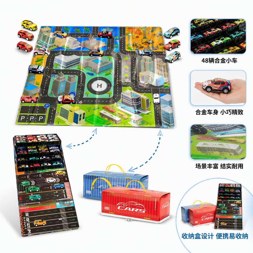 Leather container Rebound car toy set, free game map, children's simulation racing, boy gift toy details Picture