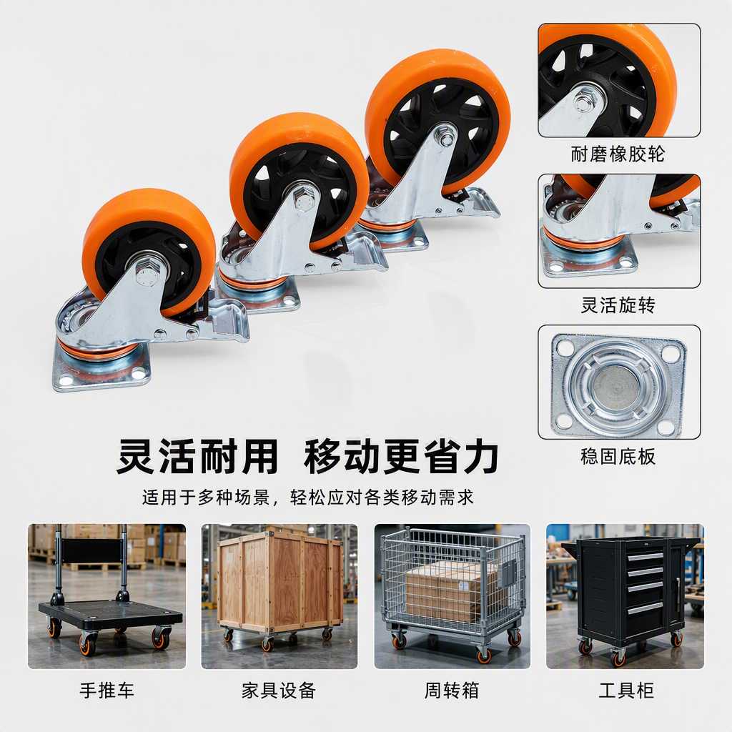 The multi-functional orange universal wheel with metal bracket furniture equipment mobile wheel is silent and durable