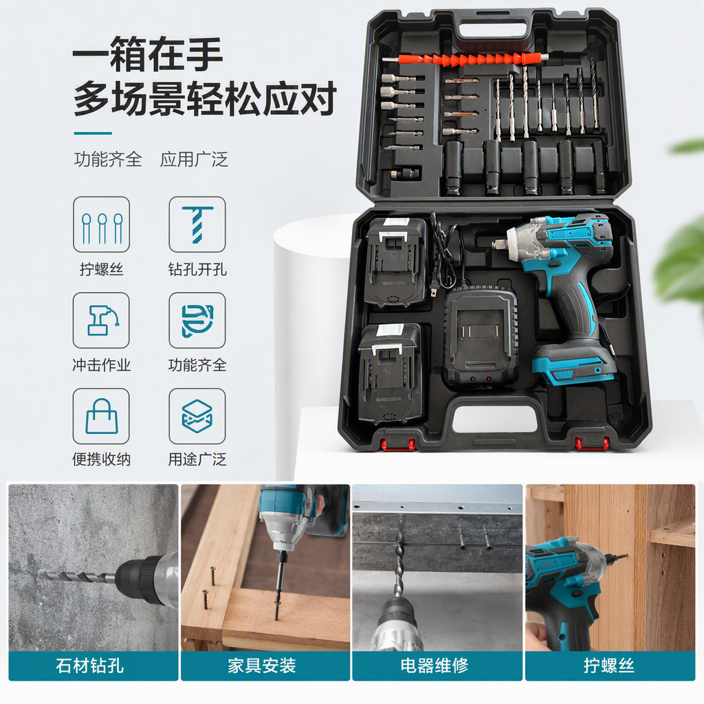 Blue and black electric impact wrench set, multi-functional handheld tool, repair household and industrial powerful electric tools