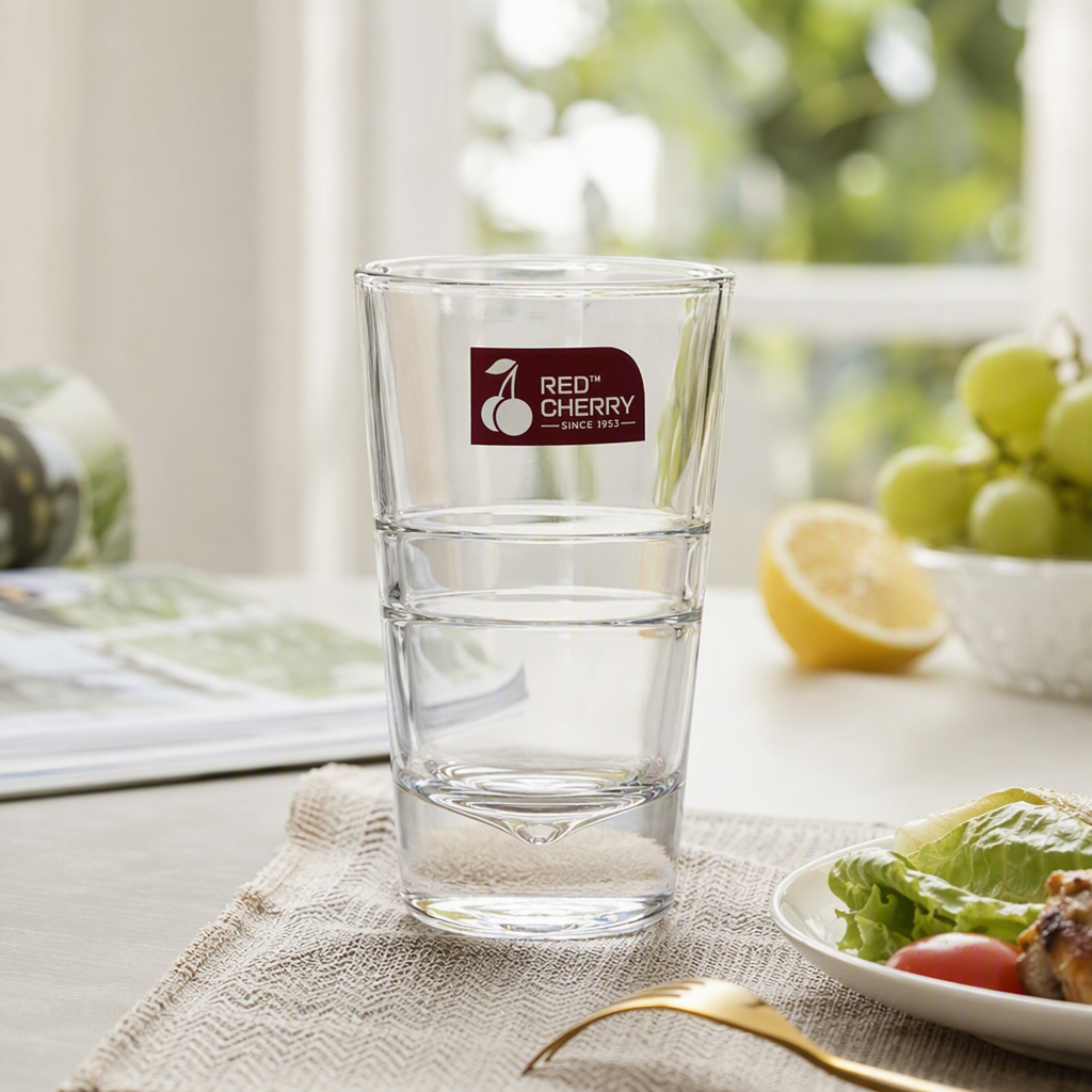 Red Cherry brand transparent glass water cup, clear water details Picture