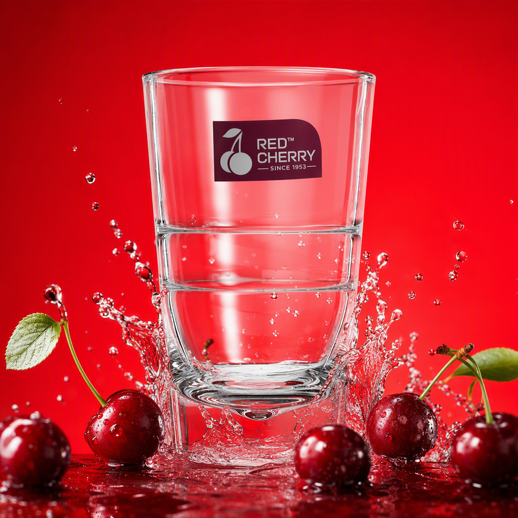 Red Cherry brand transparent glass water cup, clear water Specification image