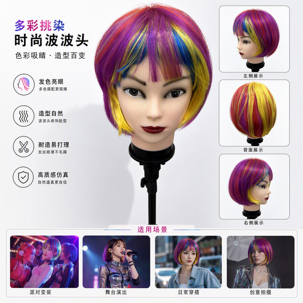 Colorful wig model head display model, hairstyle styling demonstration props, display supplies