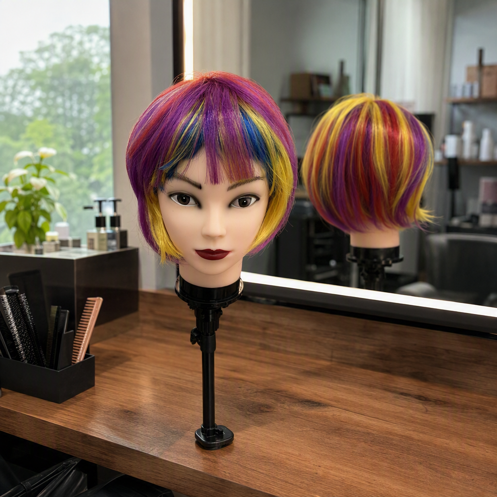 Colorful wig model head display model, hairstyle styling demonstration props, display supplies details Picture