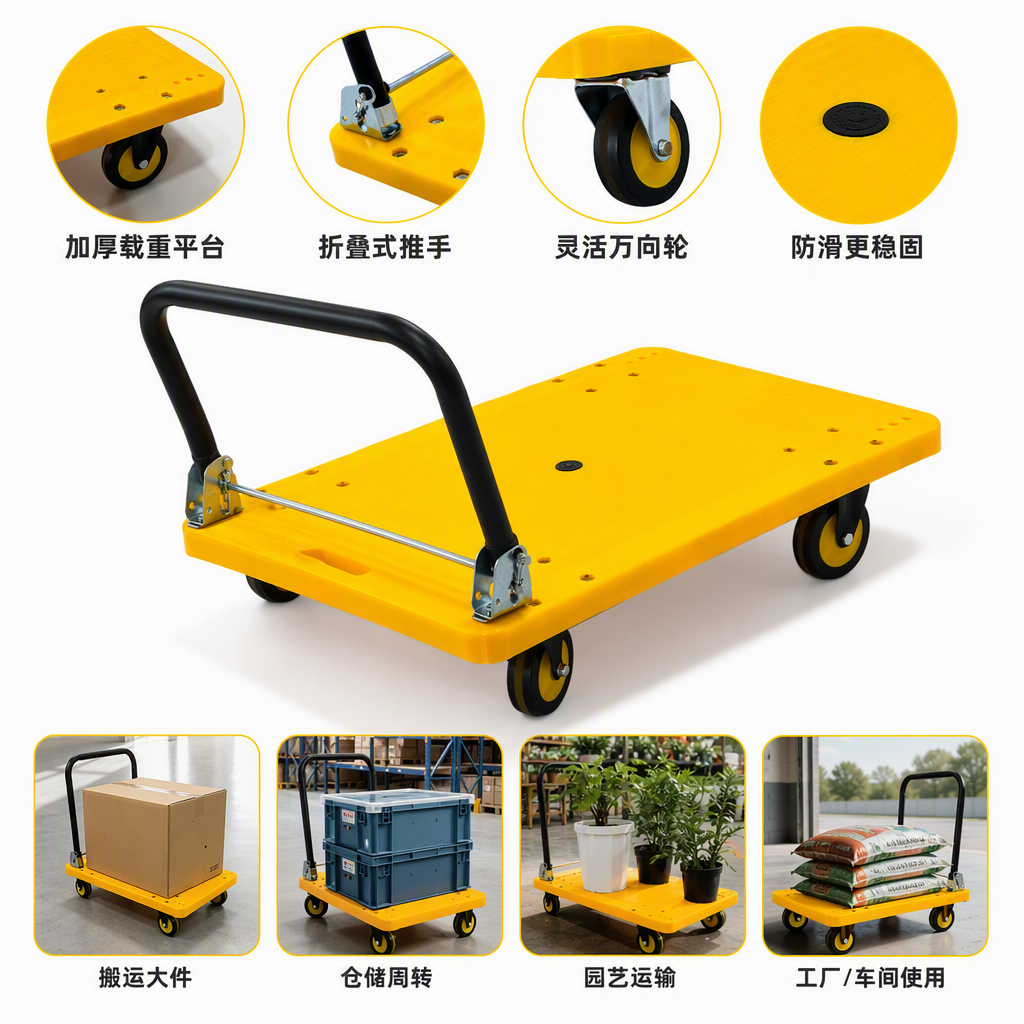 Trolley, portable, lightweight, multi-functional, yellow model with silent wheels